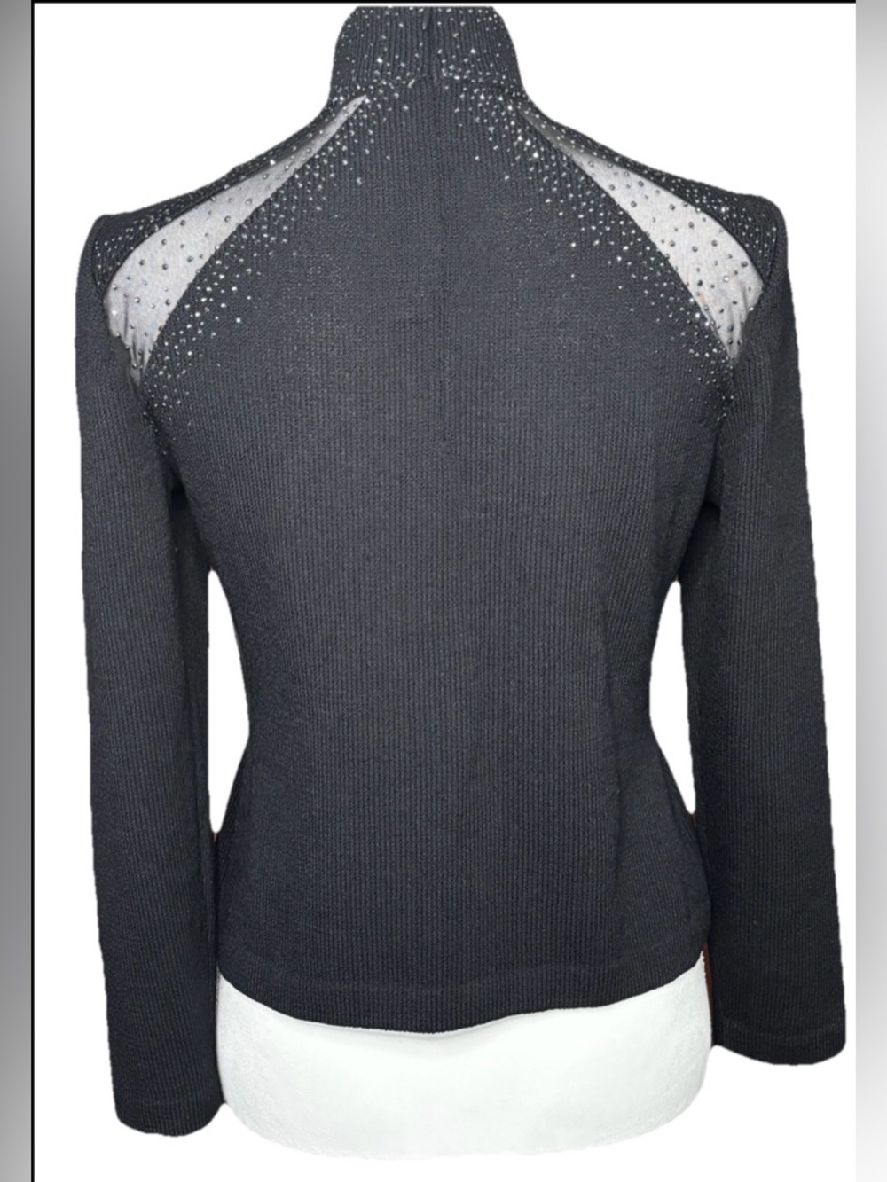 St John Black Rhinestone Knit Top Mesh Shoulder Mock Neck Size 2 - Picture 3 of 9